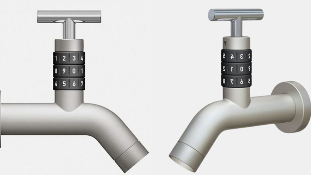 Locko outdoor faucet features numerical lock to curb water wastage a grey color faucet has black color lock