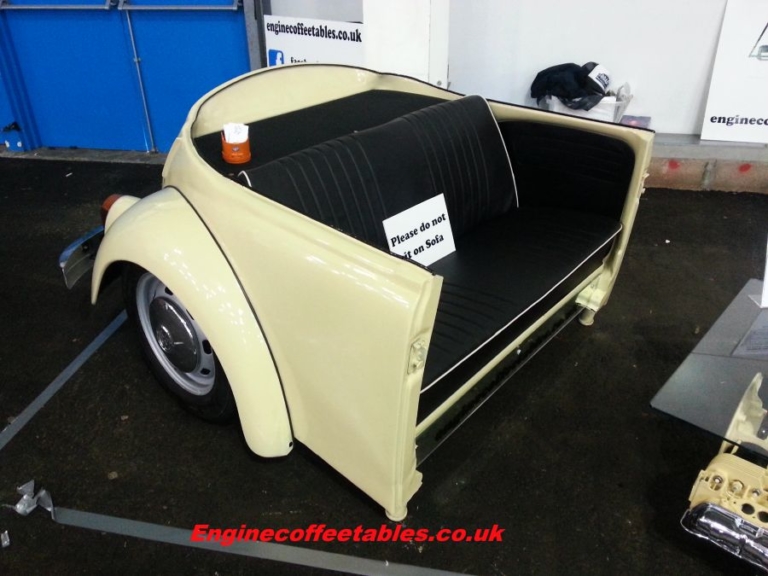 Designer makes sofa and coffee table using parts of VW Beetle Homecrux