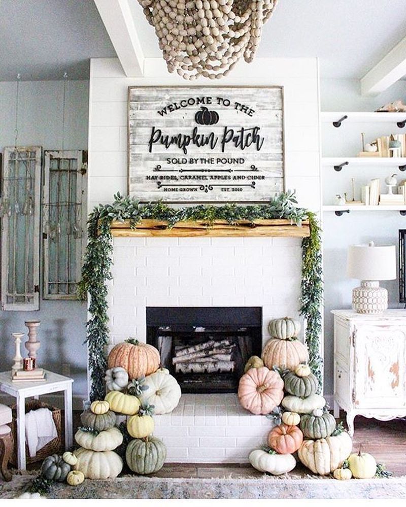 Add a pumpkin patch in front of fireplace in living room 