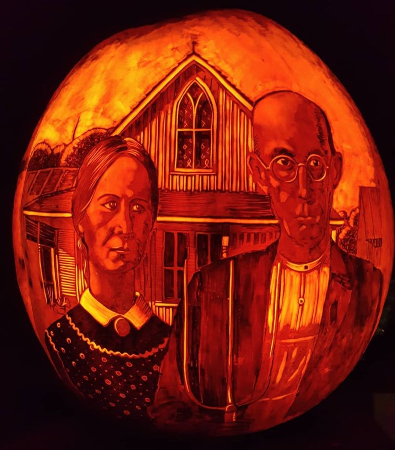 American Gothic painting on pumpkin by Edward Cabral