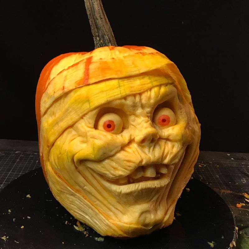 Cartoon face carved pumpkin by Jon Neill