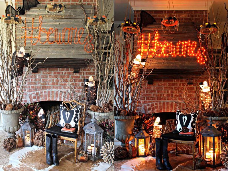 use light strings to decorate fireplace mantel 