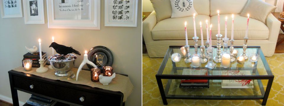 creepy bloody candles on coffee table for halloween 