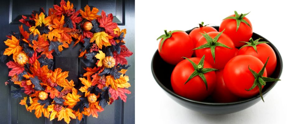 tomatoes in tray and maple leaf and mini pumpkin wreath 