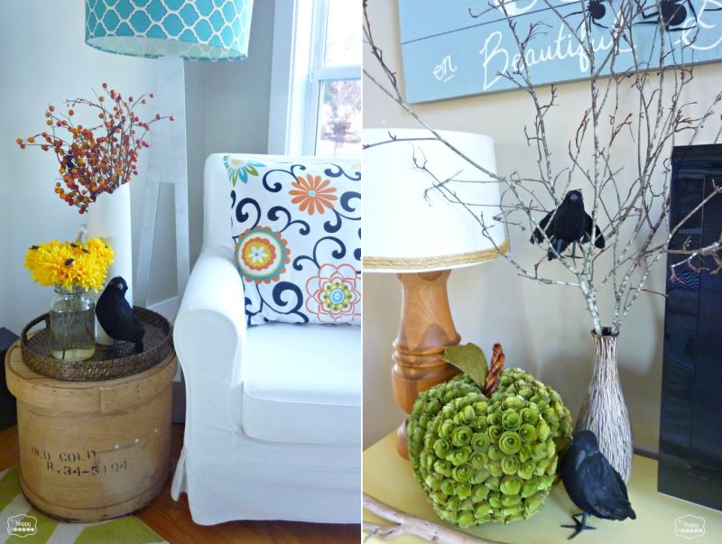 green pumpkin and crows in living room 