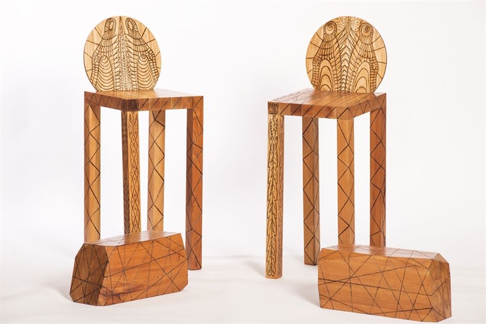 Pedro Barrail Wooden Stools with Enticing Tribal Tattoos