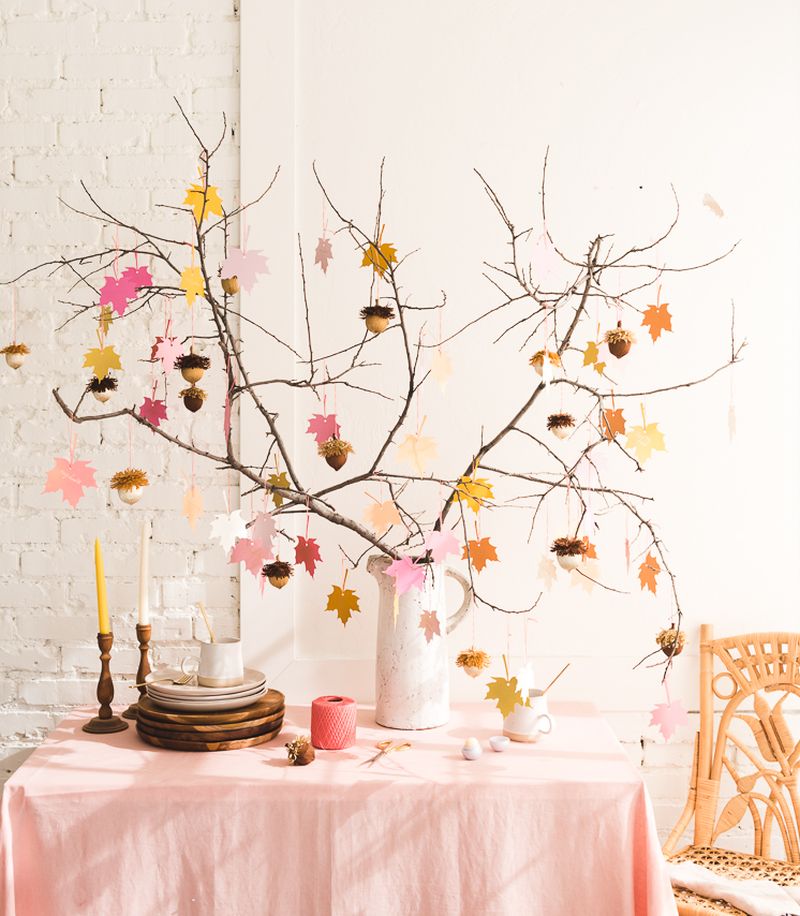 Thanksgiving tree decked with paper maple leaves