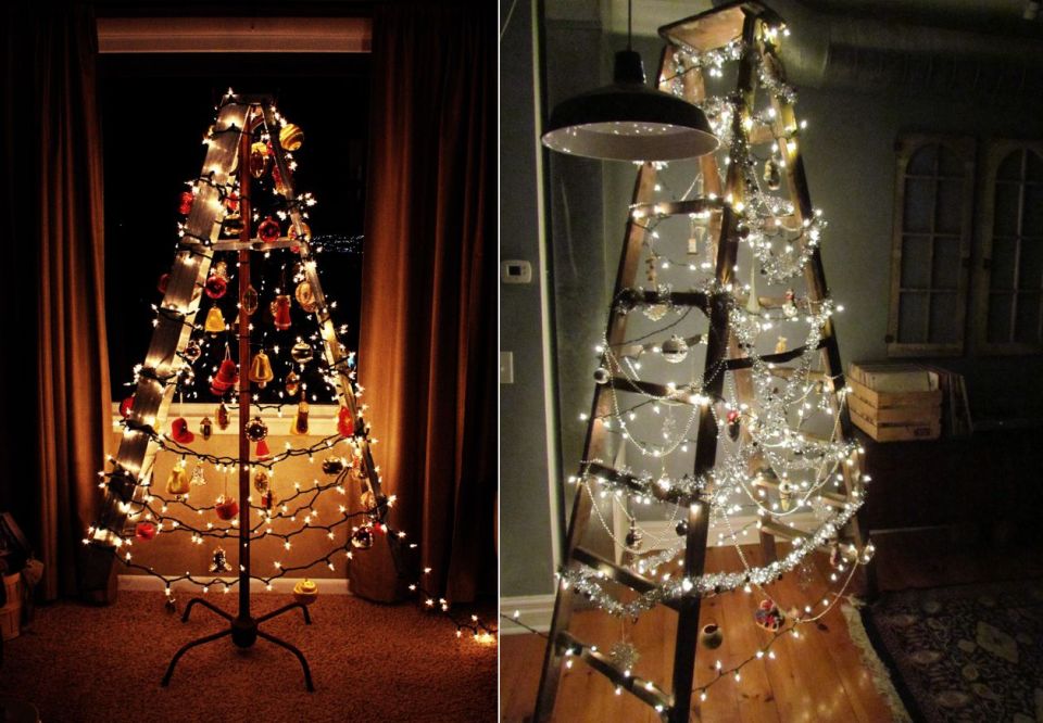 Ladder Christmas Tree with lights and ornaments 