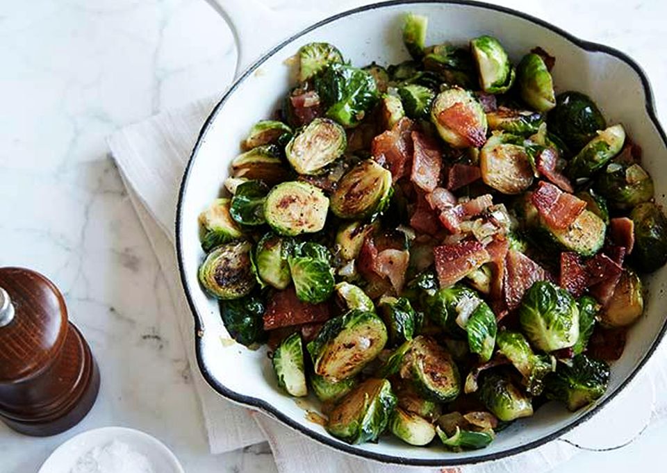 Pan-Roasted Brussels Sprouts Served with Bacon