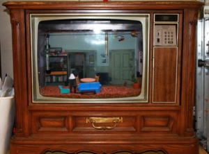 Retro TV turned into Seinfeld-themed fish tank