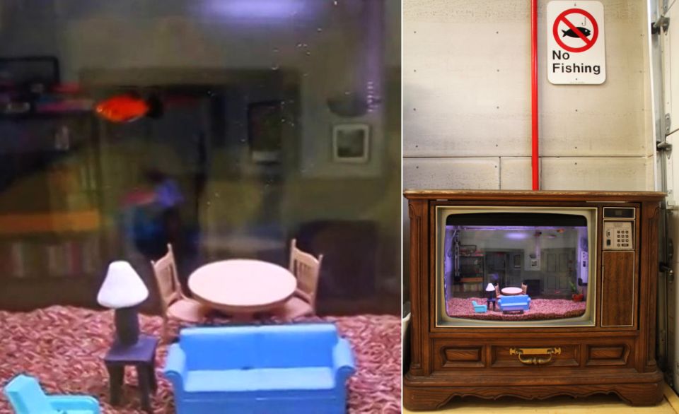 Retro TV turned into Seinfeld-themed fish tank