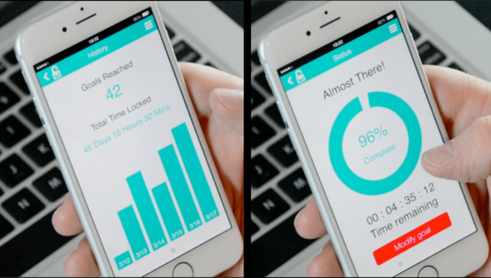 The app tracks your current progress and reviews your past goals.