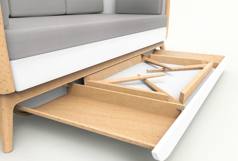 To store the table, or bed sheets, one can pull out the drawer under the sofa and fold the table legs before placing it inside.