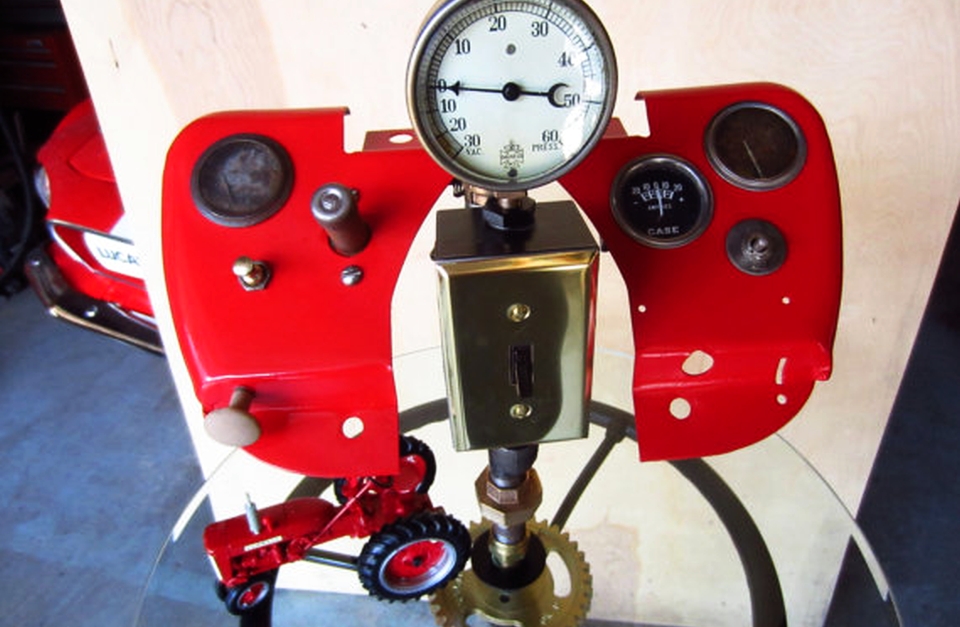 Farmall tractor-themed steampunk floor lamp