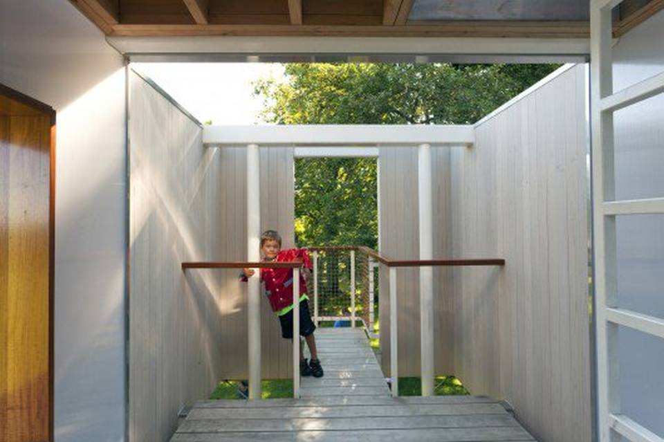 The treehouse is made from inhabitable polycarbonate, steel and white cider wood