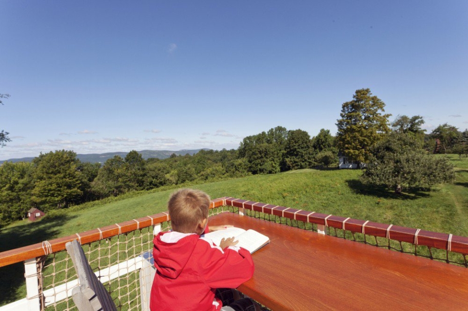 Beautifully built mahogany wood fold down writing desk on the top of the treehouse