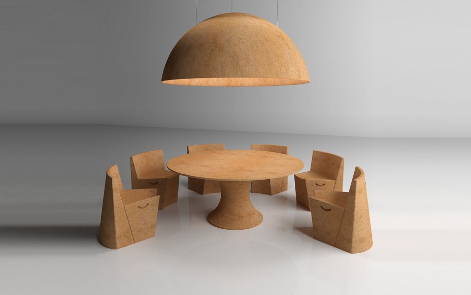 The table top and luminaire is made from corkbolt, while chairs and table top from single block of cork