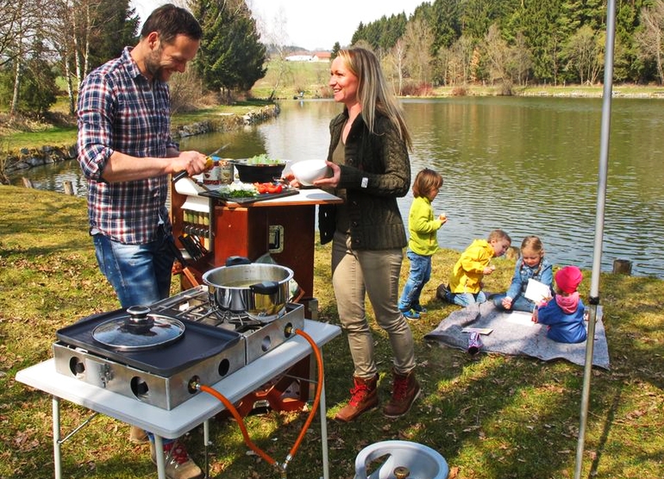 Camp Champ wooden crate opens up to reveal fully-equipped kitchen - Homecrux