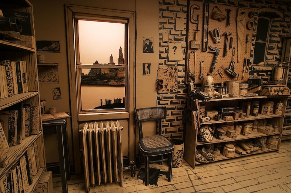 The studio is made from commercial cardboard, black paint, wood and hot glue