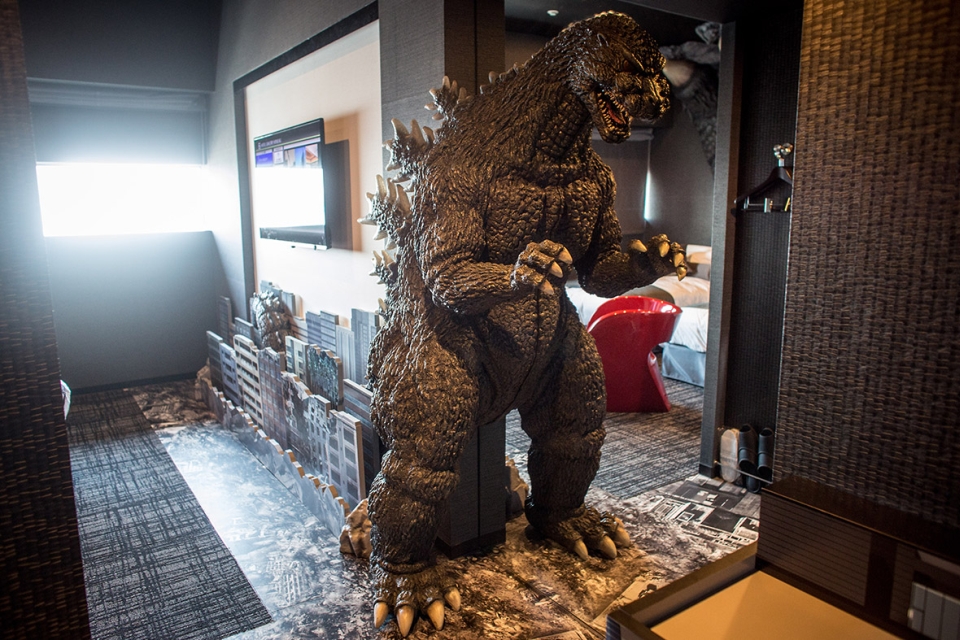 The Godzilla Themed Room with human sized replica of lizard