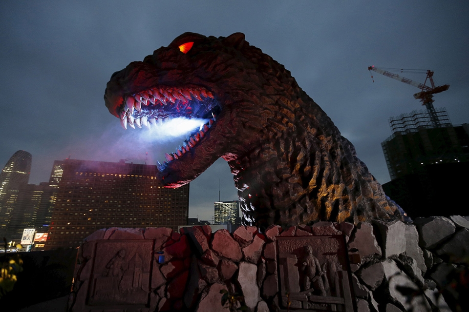 Night View of Godzilla with flame throwing breath