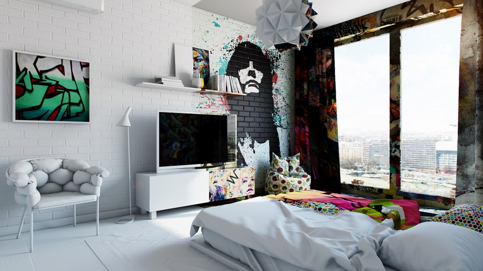 The colored portion is graffitied including the bed sheet, pillow , furniture and curtains