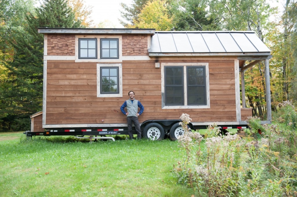 Ethan Waldman with his tiny house on wheels