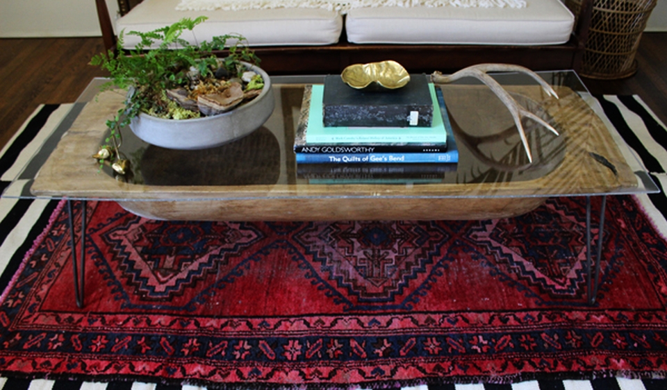 Antique dough bowl into chic coffee table