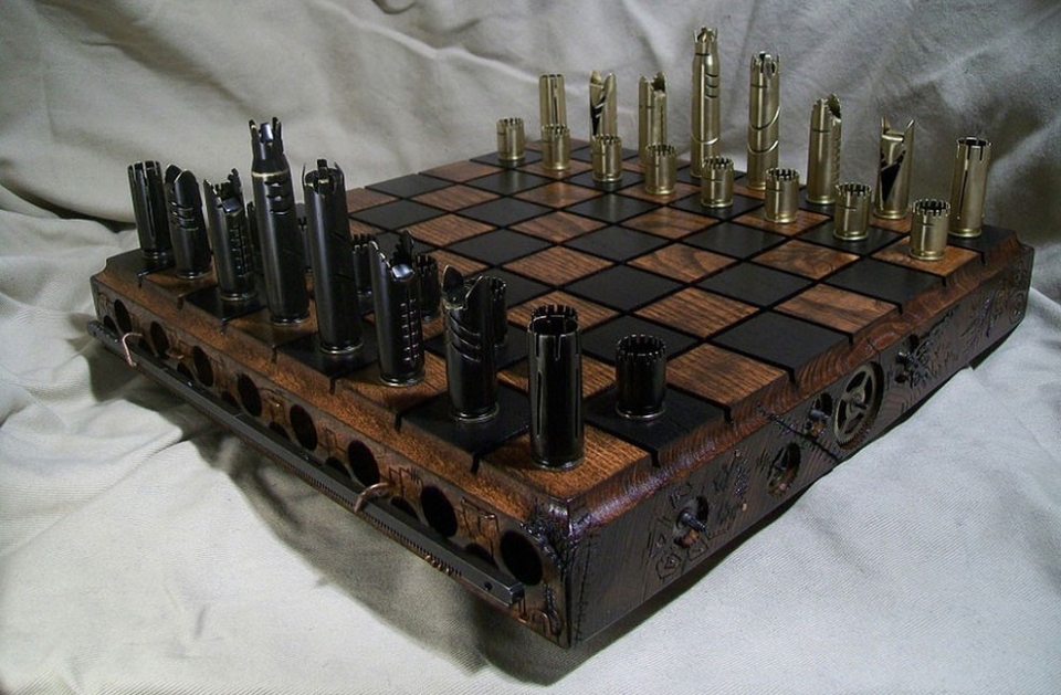 Steampunk-inspired chess with bullet shell pieces