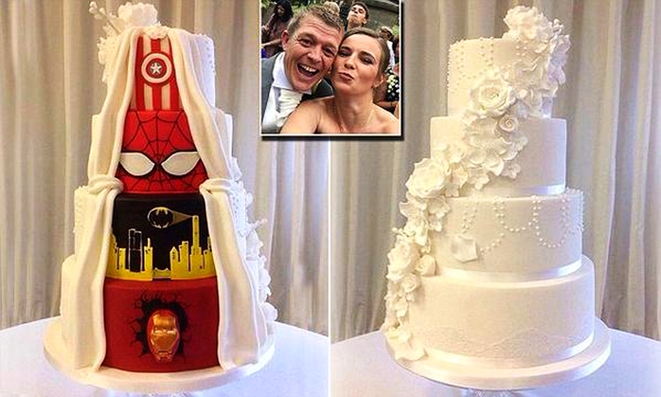 Two Sided Wedding Cake Has Traditional Face Superhero Back