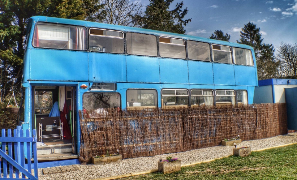 the Betsy Blue double decker school bus home 