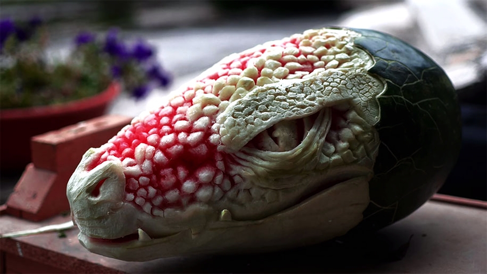 Realistic dragon head Watermelon carving