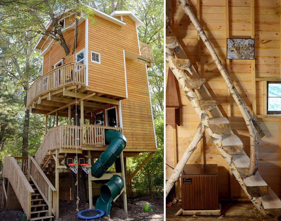 Grandfather builds three-story treehouse for his grandkids