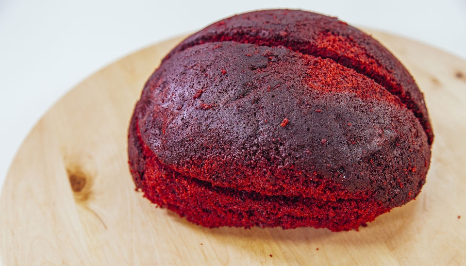 Red Velvet cake cut in shape of brain