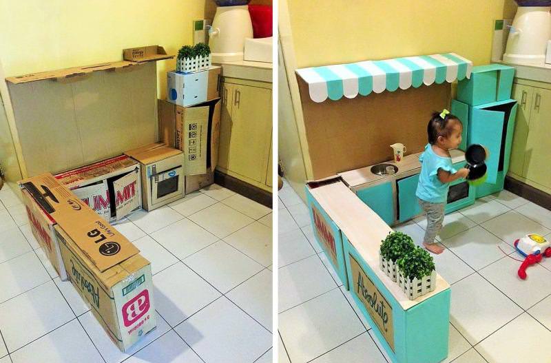 Mom Creates Lovely Cardboard Play Kitchen for Her Little Girl