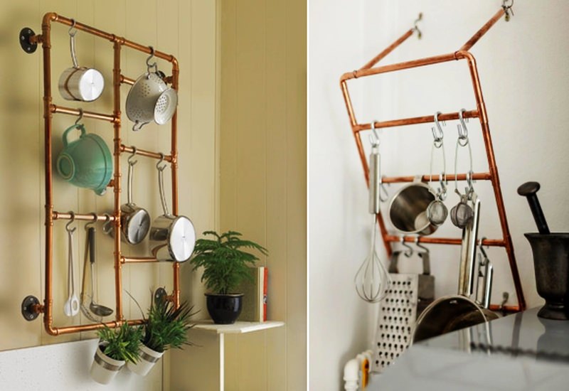 DIY Industrial-styled kitchen rack with copper pipes