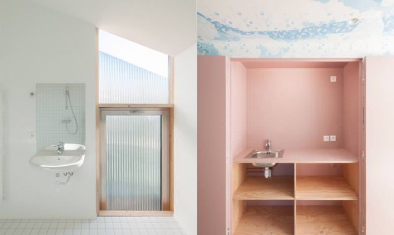 Although the building supports white, but the corridor is provided with light blue patterned wallpaper and kitchen with pastel pink tiling