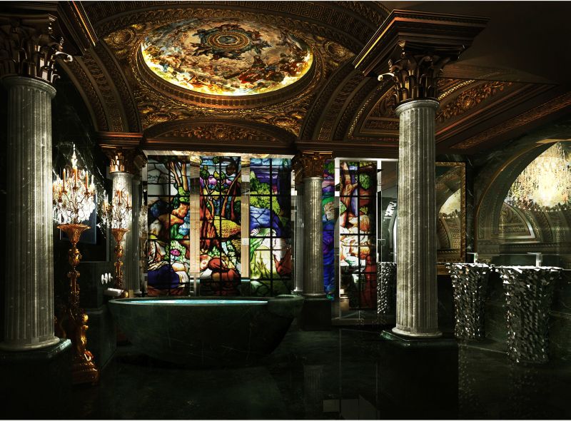 Bathroom under artwork covered ceilings lit with standing candelabra