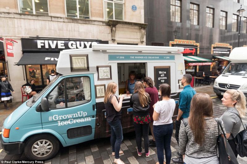 People queued up around grown-up ice cream van