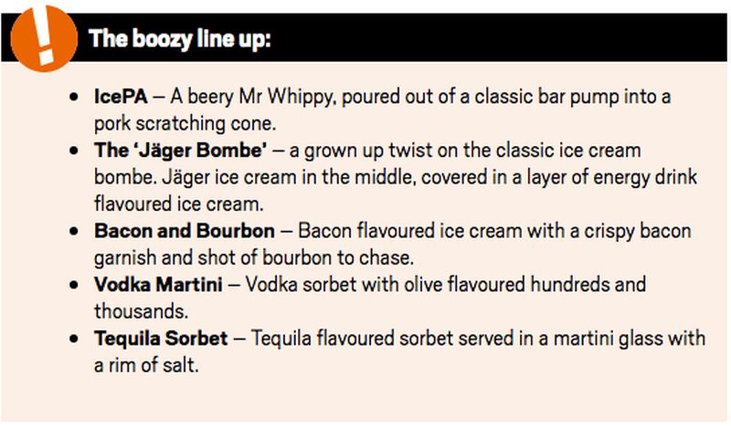 Five type of boozy flavored ice cream being served 