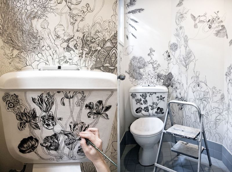 Fashion designer uses her drawings for magical bathroom makeover