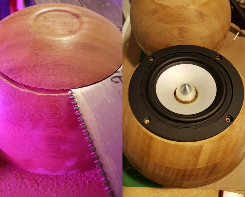 DIY spherical speakers made out of Ikea salad bowls