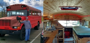 Pipe fitter turned red school bus into a living space on wheels