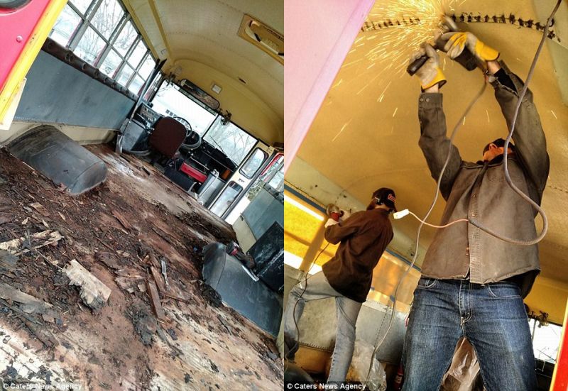 Pipe fitter turned red school bus into a living space on wheels