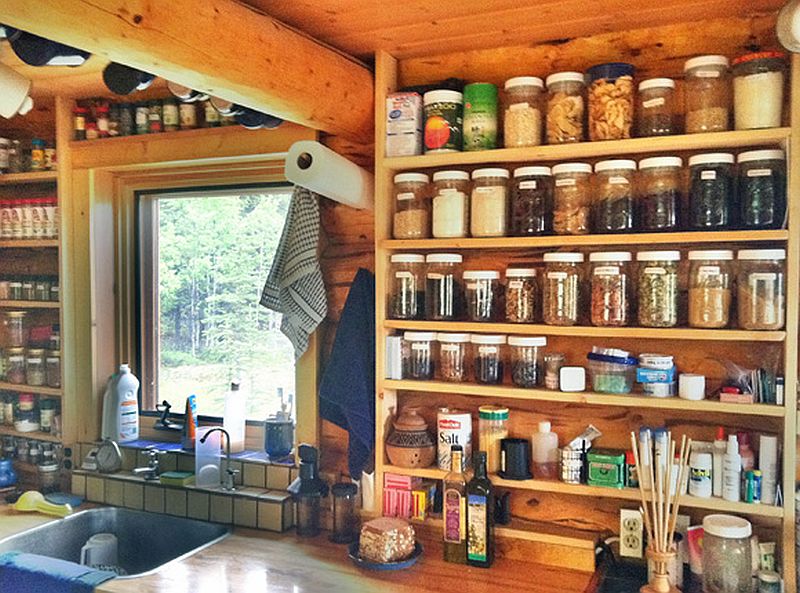 Wooden shelving for keeping fruit jam and jelly cans 