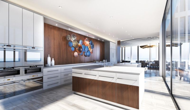 Kitchen with rustic wooden cabinets and shelving 