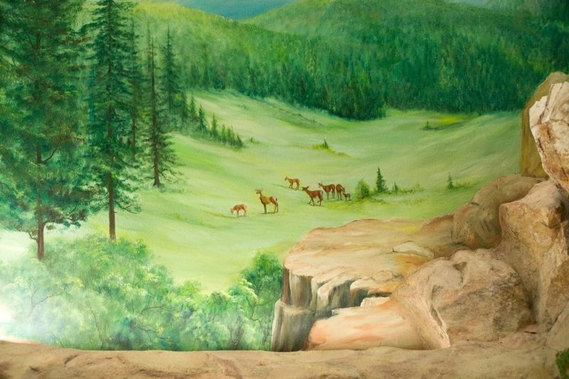 Greenish mountains with animals 