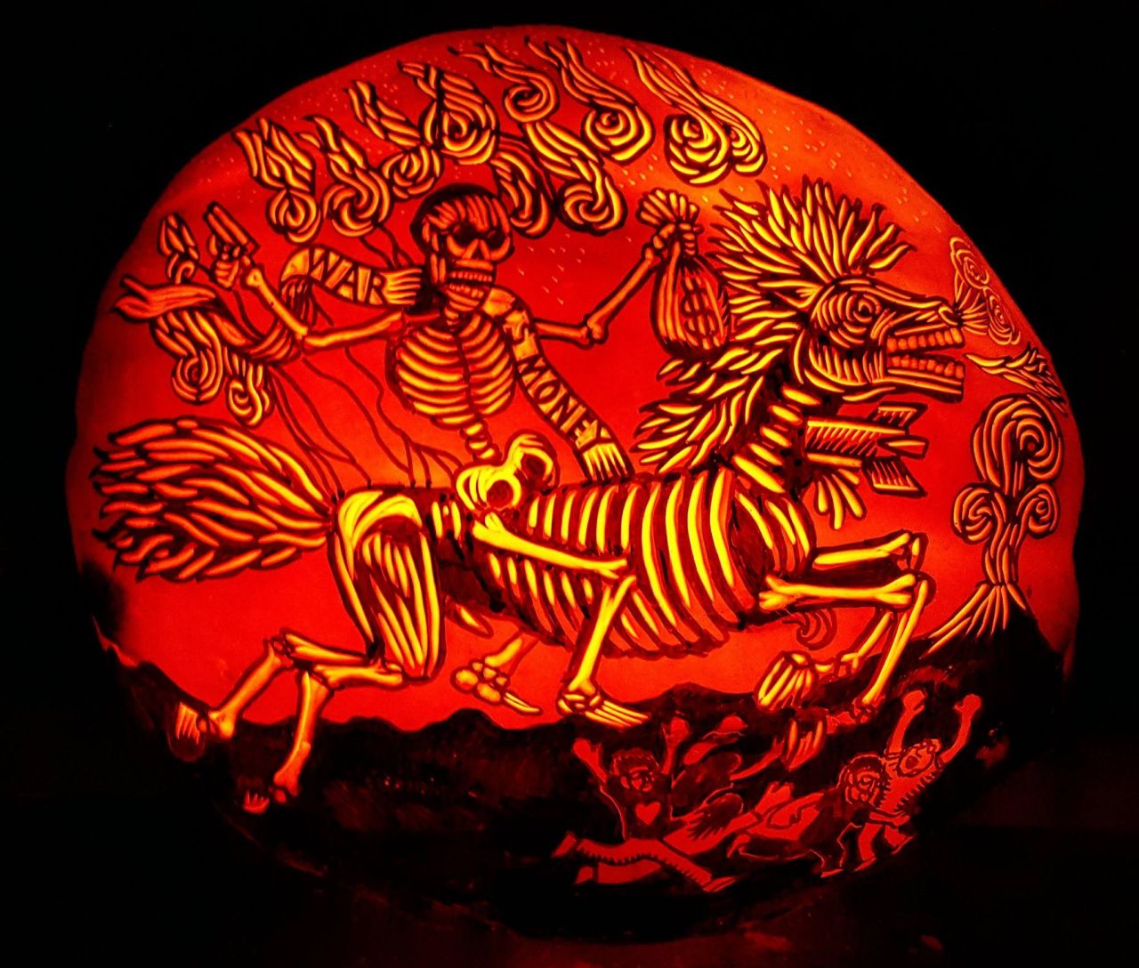 Intricately Carved Pumpkin of Galloping Death by Artemio Rodriguez