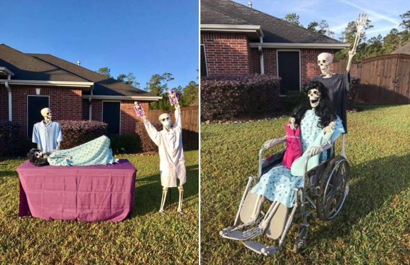 skeleton display in garden for halloween 