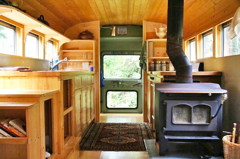 School Bus inetriors with Wood Stove